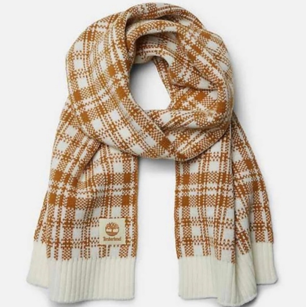 NWT Timberland Unisex Plaid Knit Scarf Acrylic Camel Cream 10"×62"